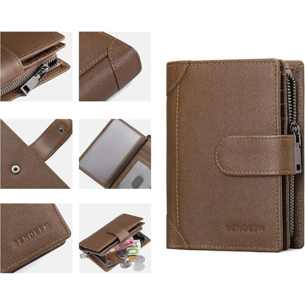 Men's F-Brown Genuine Leather Bifold Wallet Blocking Credit Card Coin Pocket